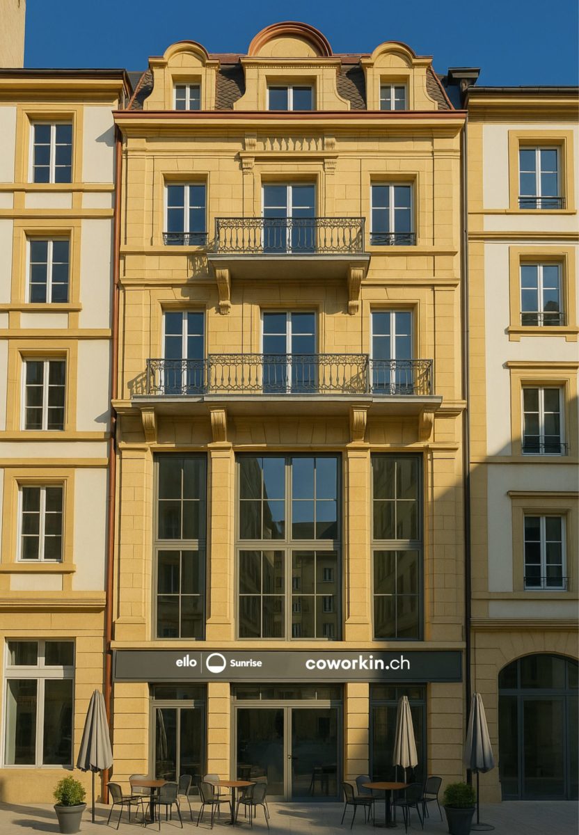 Projection de la façade St-Honoré 10 de Coworking Blockchain Neuchâtel, avec logos Coworkin.ch, ello communication et Sunrise